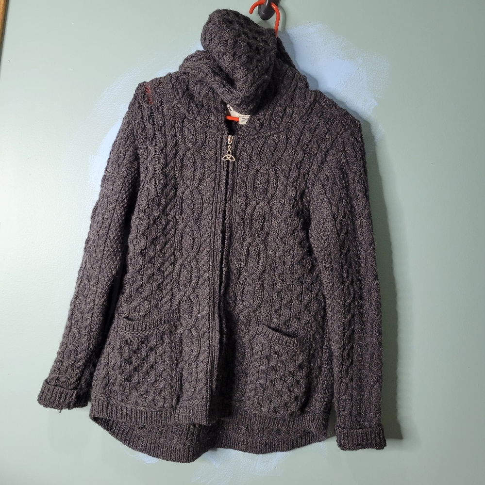 Aran Mor Ireland Gray 100% Irish Merino Wool Cableknit Hoodie Size S